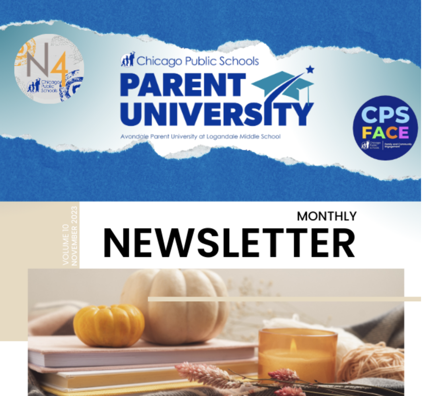 CPS Parent University logo with Monthly Newsletter art including pumpkins and pinecones